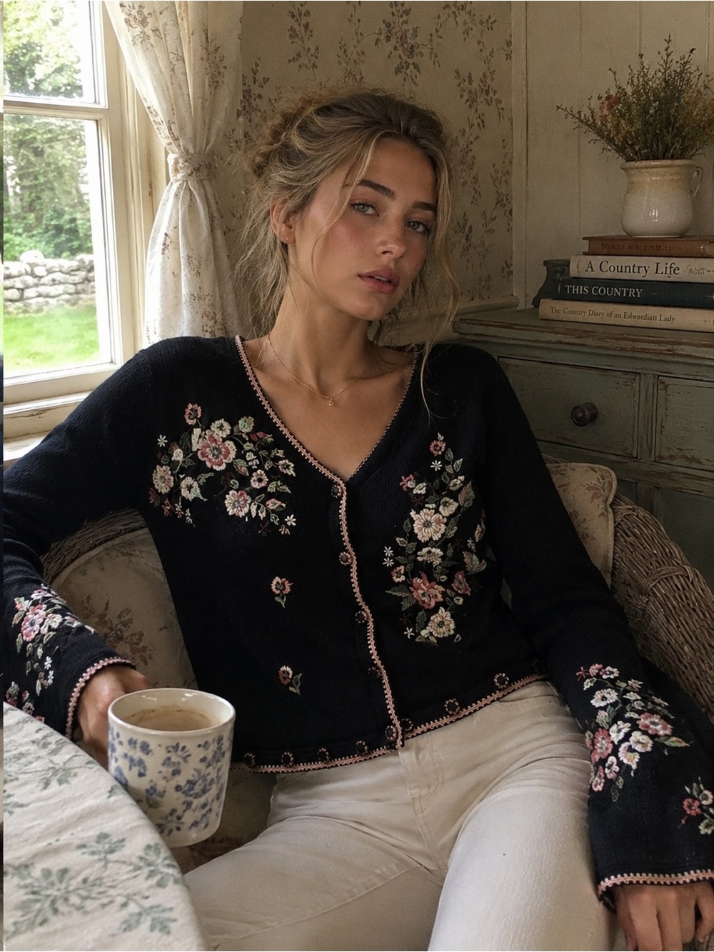 Black Floral Embroidered Cardigan Size L prairie, modest cottage coquette